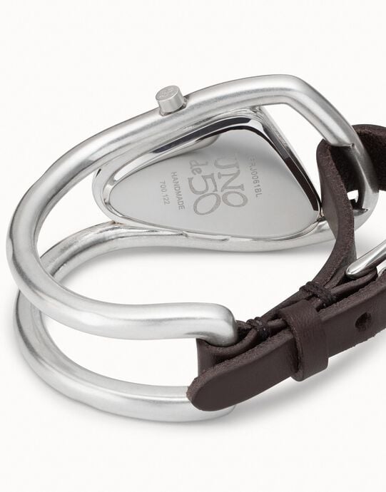 Reloj mujer con cuero y metal ba&ntilde;ado en plata de ley, Plateado, large